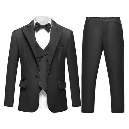 Boys 4-Piece Formal Suit Set for Kids Ages 3–14 | Solid Color Tuxedo with Blazer, Vest, Pants & Bow-Tie for Weddings & Special Occasions