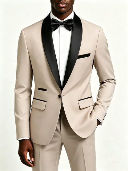 Men's 2-Piece Slim Fit Tuxedo Suit – Black Satin Shawl Lapel for Wedding, Prom & Formal Events