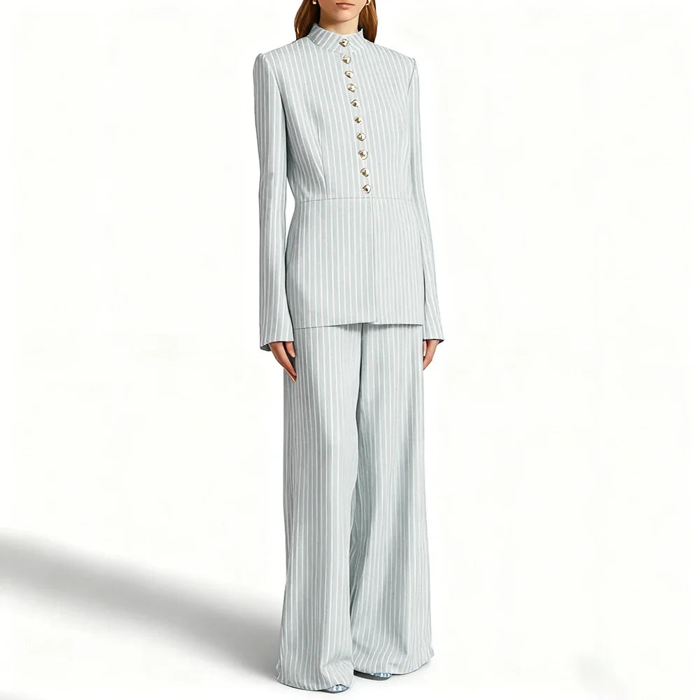 Elegant Women's Suits Pinstripe Two-piece(Jacket+Pants) Set with Stand Collar Gold Single Breasted Business Office Lady Outfit