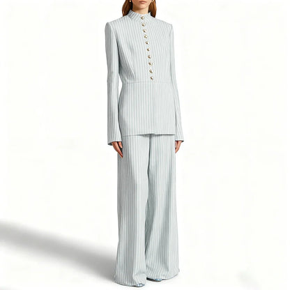 Elegant Women's Suits Pinstripe Two-piece(Jacket+Pants) Set with Stand Collar Gold Single Breasted Business Office Lady Outfit