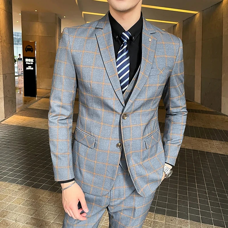 Men's 3-Piece Suit Set Stylish Handsome English Plaid All-fit Jacket Waistcoat Trousers M-5XL 2025 Trendy Men's Formal Wear