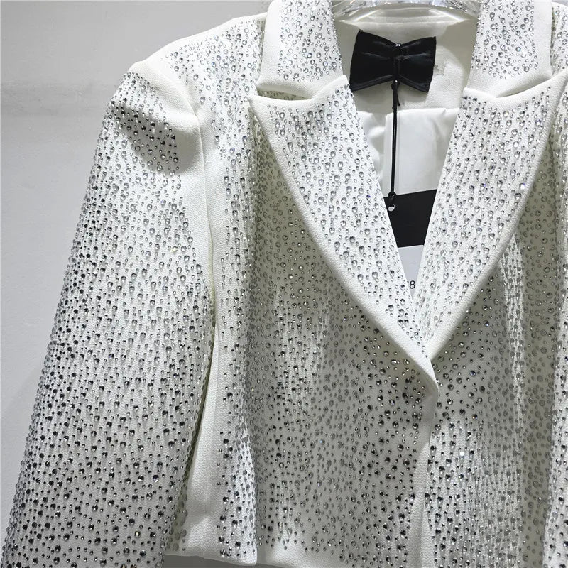 Women Short Blazer Trend Heavy Diamonds Shoulder Pad Design Niche Stylish Elegant High Street Long Sleeve Suit-Coat HK26338