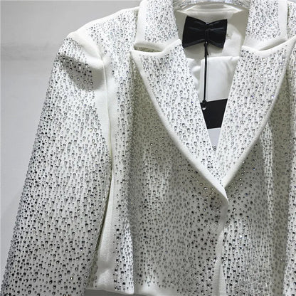 Women Short Blazer Trend Heavy Diamonds Shoulder Pad Design Niche Stylish Elegant High Street Long Sleeve Suit-Coat HK26338