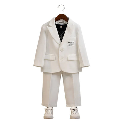 Kids Pure White Casual Suit Set Boys 3Pieces Wedding Dress With Jacket Pants Necklace Flower Kids Piano Performance Costume