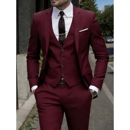 Costume Homme 3 Pièces Couleur Unie Coupe Slim Affaires Loisirs Banquet Mariage Marié Veste Gilet avec Pantalon