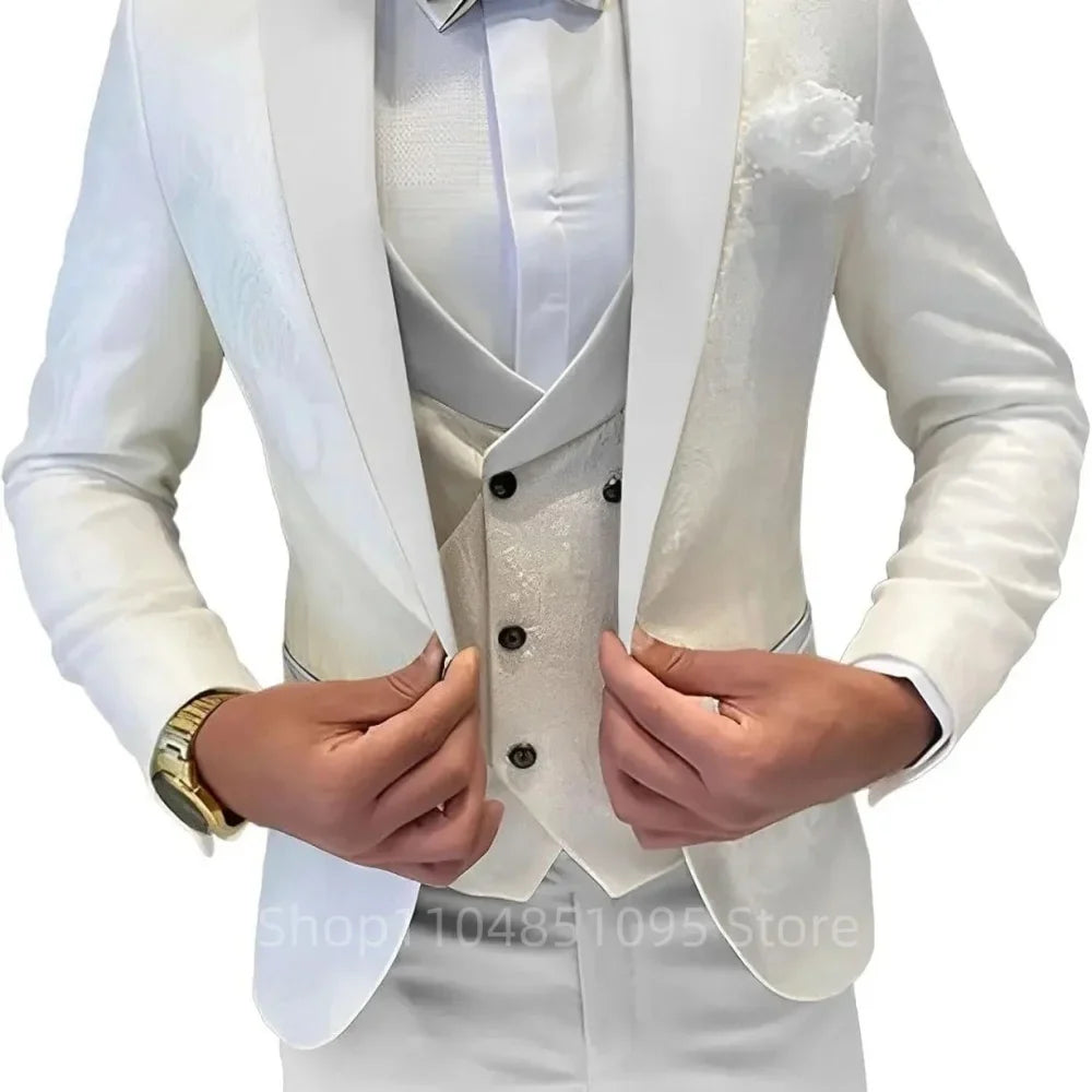 Costume Homme 3 Pièces Jacquard Coupe Classique Blazer Gilet Pantalon Croisé Affaires Bal Mariage Ensemble Vêtements Formels Homme