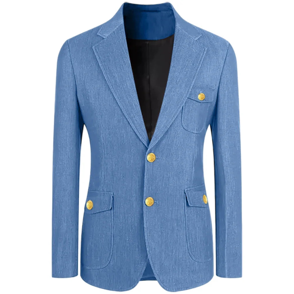 Men's Denim Suit Jacket Classic Notched Lapel Slim Fit Gold Buttons Multiple Pockets Formal Blazer Business Casual Daily Wear