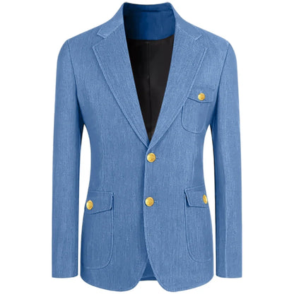 Men's Denim Suit Jacket Classic Notched Lapel Slim Fit Gold Buttons Multiple Pockets Formal Blazer Business Casual Daily Wear