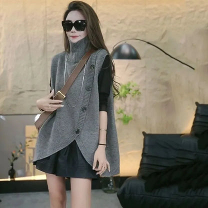Women Large Size 4XL Knit Waistcoat Coat Ladies Irregular Sweater Vest Tops Autumn Female High Collar Sleeveless  ﻿