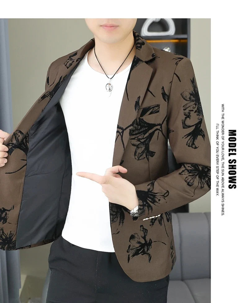 Blazer Men's Fashion Gentleman Business Outdoor Travel Print Wedding Slim-fit Korean Trend Handsome Youth Casual Blazer
