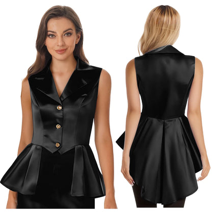Women Sleeveless Vests Steampunk Victorian Costumes Waistcoat Jacket Top Turn-Down Collar Tuxedo Tank Top Cosplay Gothic Outfit