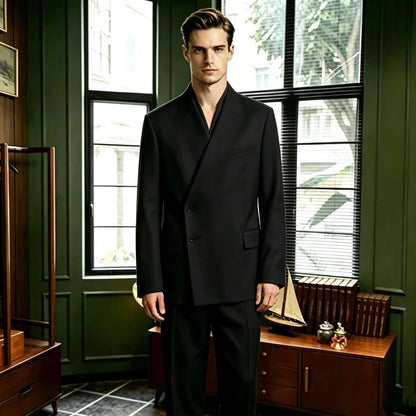 Men's 2-Piece Suit No Lapel Cross V-Neck Loose Blazer & Trousers – Wedding & Formal Occasions