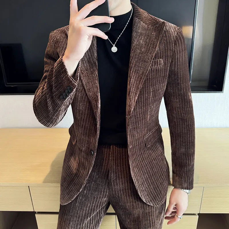( Jacket+Pants) Men Corduroy Suit Two-Piece Set High Quality Italian Style Business Suit Luxury Men Formal Wedding Groom Tuxedos