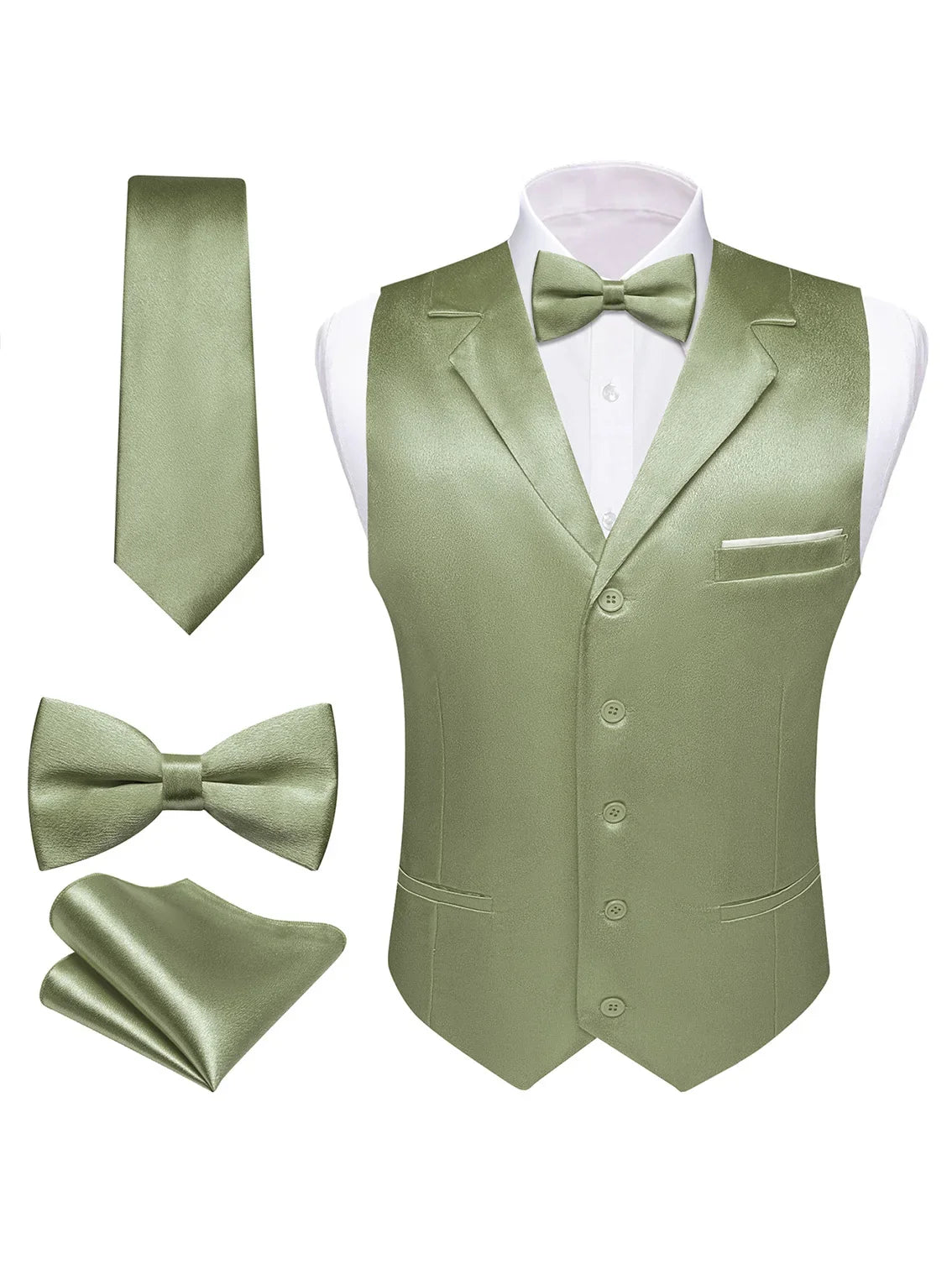 Men's Satin Vest Set with Tie, Bowtie & Pocket Square – Slim Fit for Weddings & Formal Occasions
