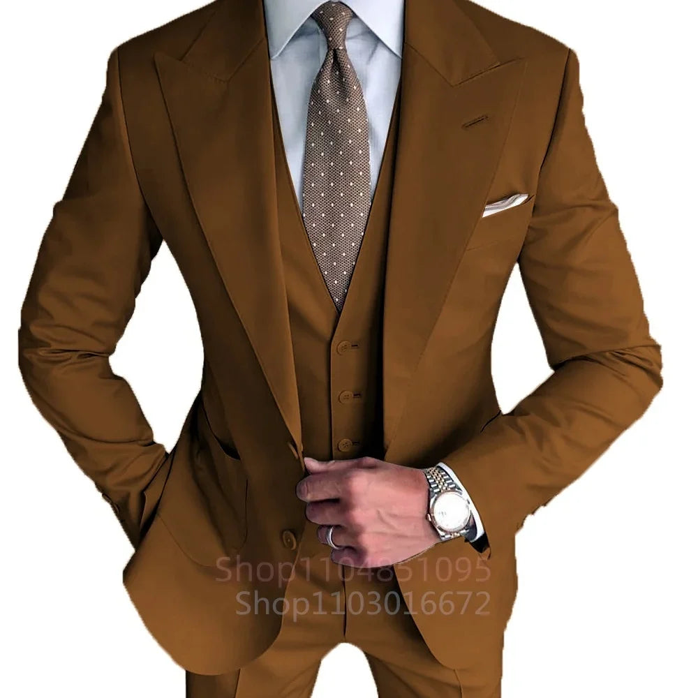 Formal Men's Groom Tuxedos Three-Piece Peak Lapel Suit Solid Jacket Vest Pants Party Prom Daily Casual Tuxedo Business Men Suits