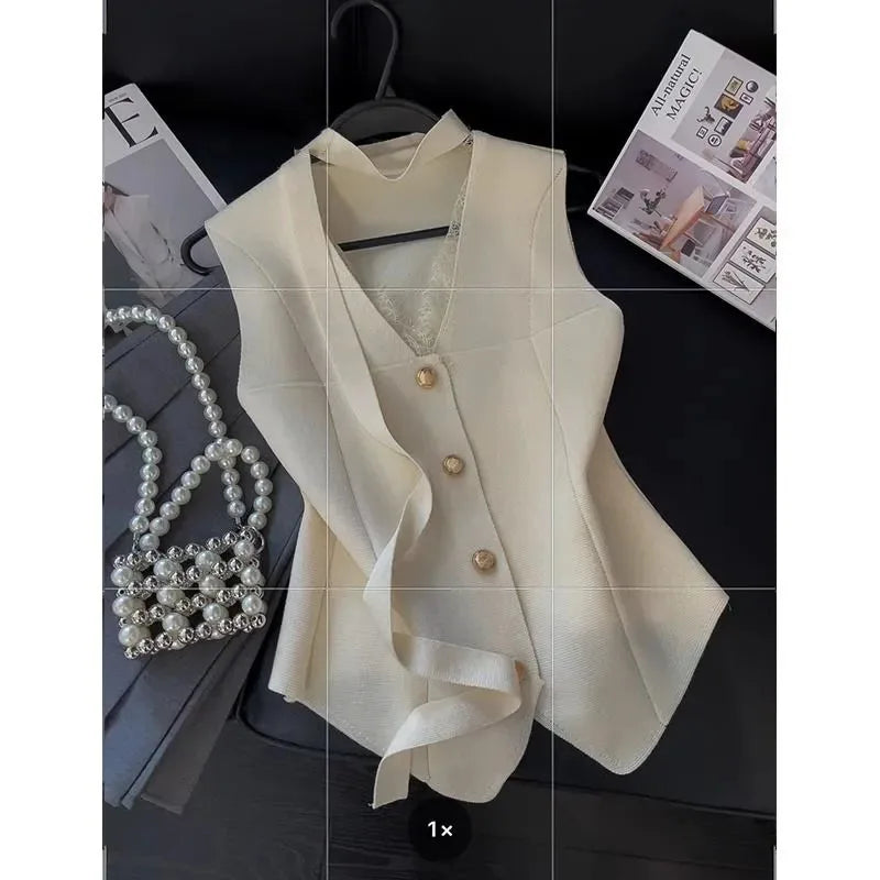 Female Light luxury Waistcoat Tops Korean Ladies Fashion Solid Color Vest Coat Summer Women Lace V-neck Ribbon Knit Sleeveless