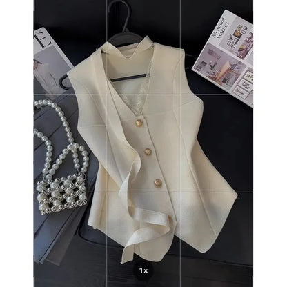 Female Light luxury Waistcoat Tops Korean Ladies Fashion Solid Color Vest Coat Summer Women Lace V-neck Ribbon Knit Sleeveless