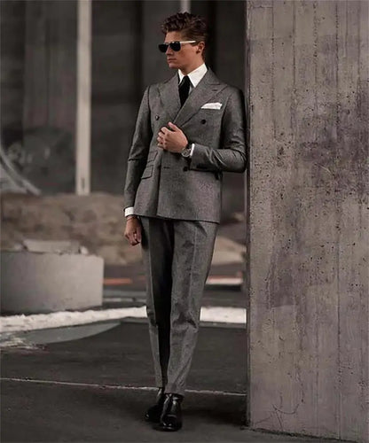 British Style Patterned Men's Suit 2 Piece (Jacket+Pants) Double Breasted Regular Fit Peak Lapel Business Wedding Banquet Suits