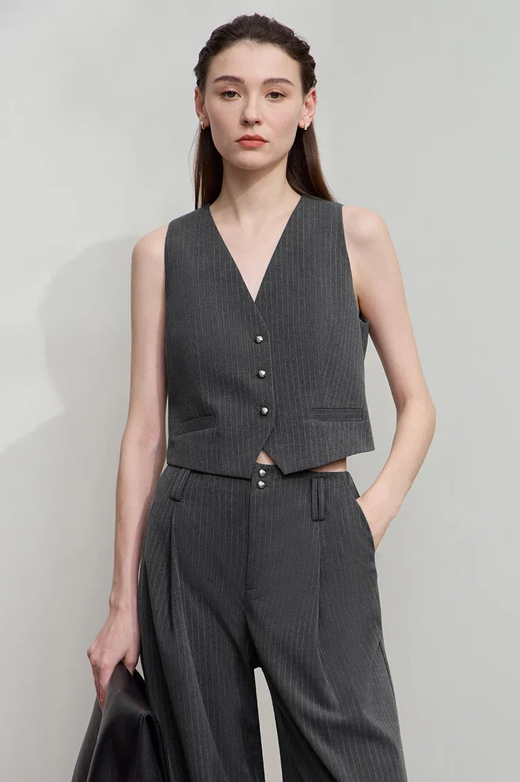 Women's Vest 2025 Autumn New V-neck Single Breasted Striped Sleeveless Vest Women Office Short Elegant Top Female 12523090