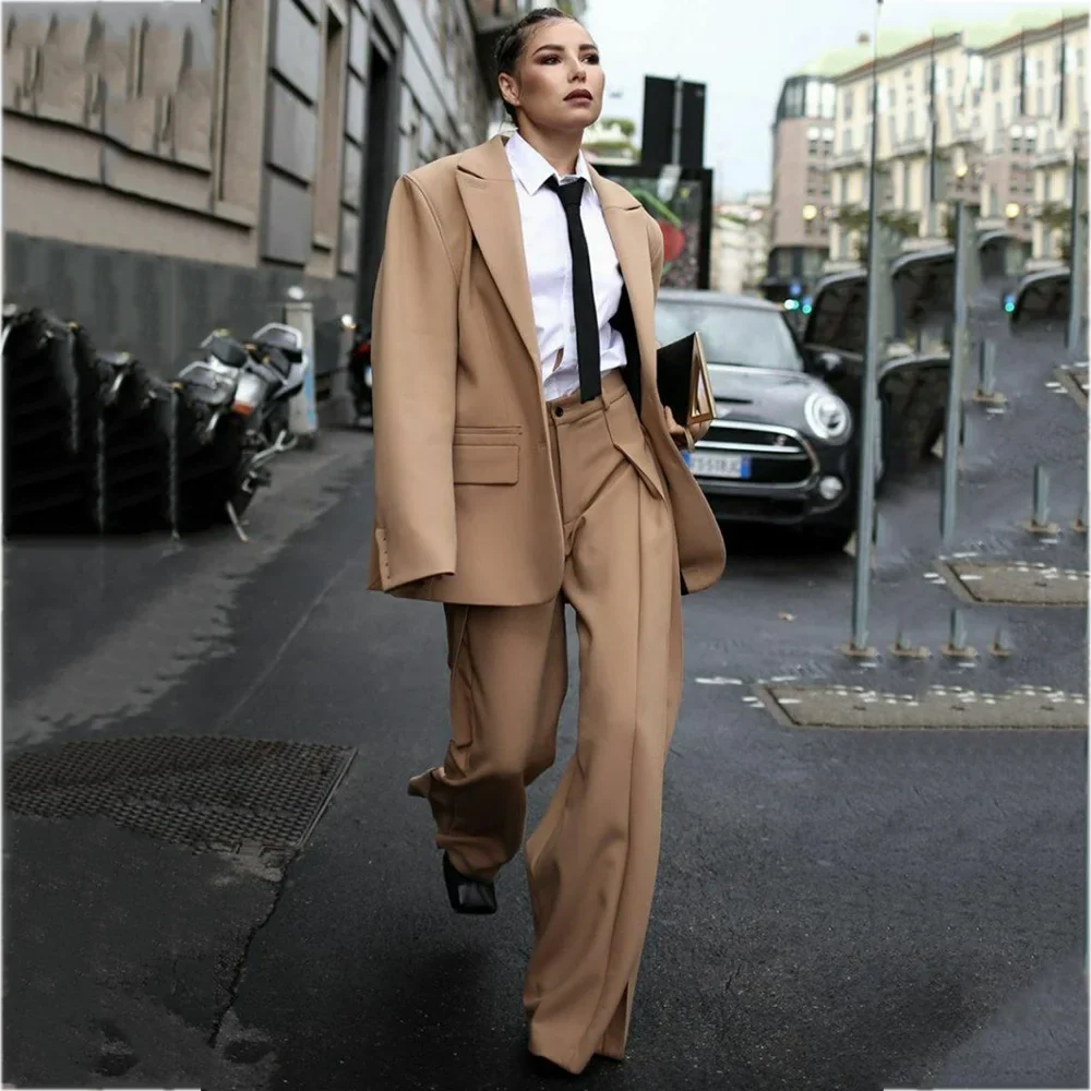 Fashion Street Style Women's Suit 2 Pieces Oversized Peaked Lapel Split Hem Wide Leg Pants Outfit Loose Casual Blazer Set