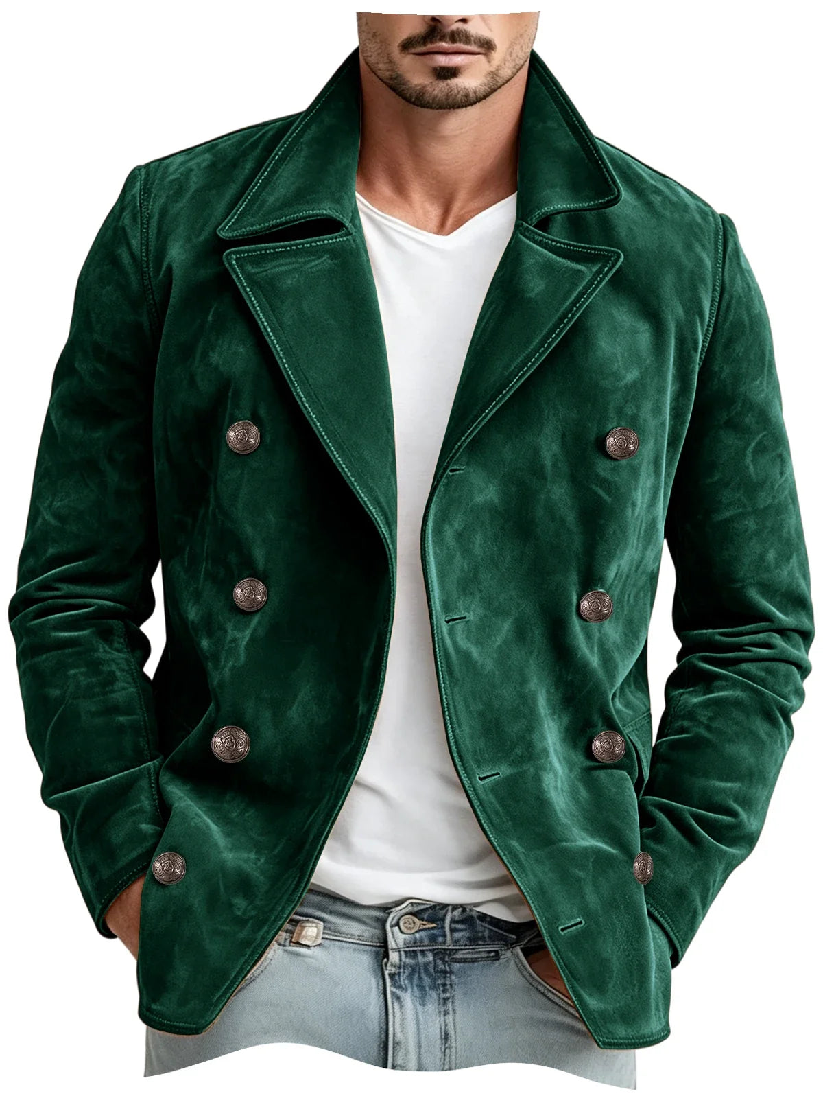 Men Faux Suede Jacket Double Breasted Lapel Collar Casual Blazer Vintage Comfort Business Office Autumn Winter Fashion Male Coat