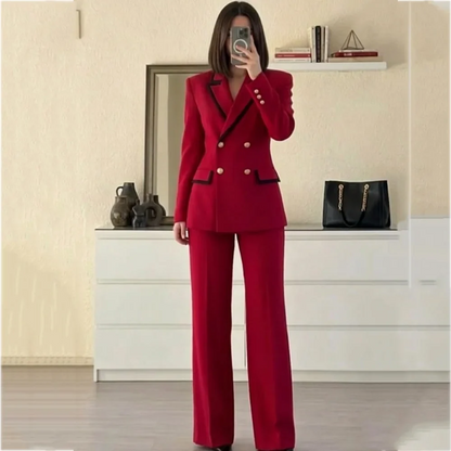 Elegant Women Double Breasted Suit Black Trim Lapel Slim Fit Pants Set 2 Pieces Business Wedding Guest Formal Party Outfit