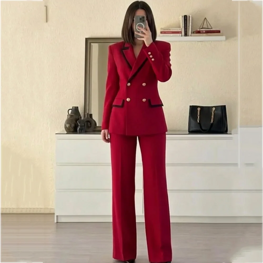 Elegant Women Double Breasted Suit Black Trim Lapel Slim Fit Pants Set 2 Pieces Business Wedding Guest Formal Party Outfit