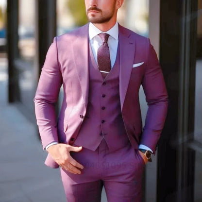 Elegante Men's Grey Slim Fit Tuxedo 3-Piece Smoking Suit with Peak Lapel Blazer Vest Pants for Wedding Party