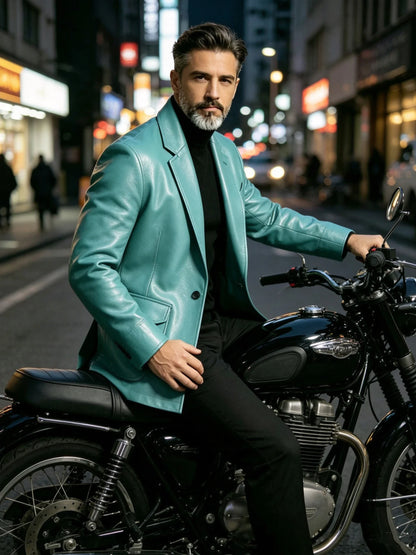 Men's PU Leather Blazer Single Breasted Slim Fit Notched Collar Suit Jacket Motorcycle Sport Coat For Formal Business Party