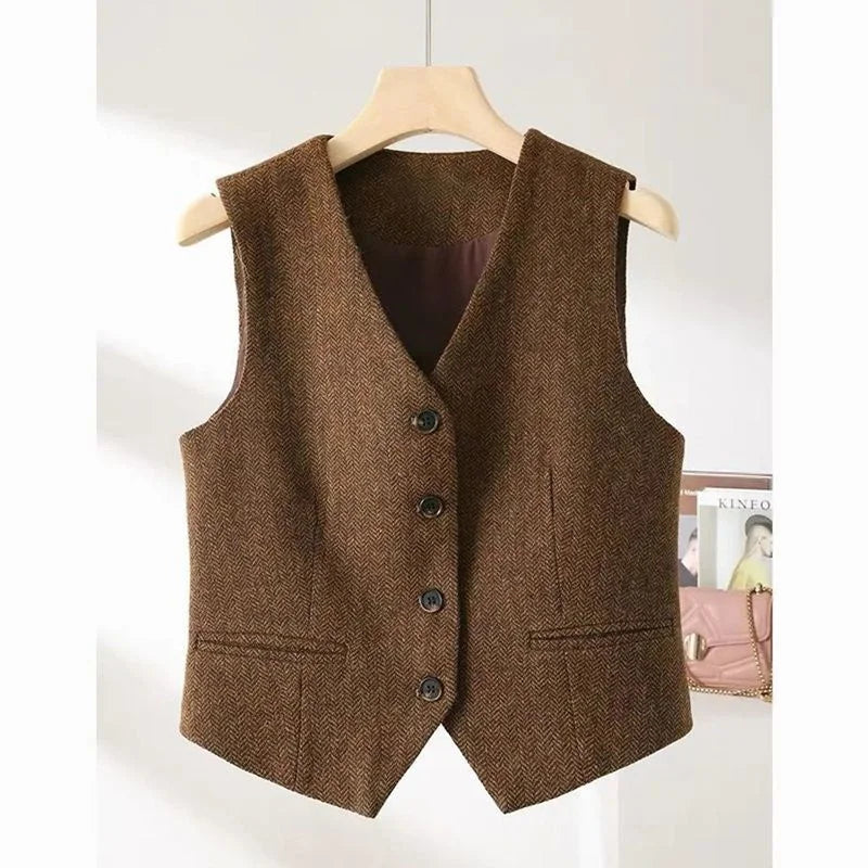 Vintage V-neck Casual Vest Jacket Women British Style  Loose Sleeveless Waistcoat 2025 New Spring Summer Buttons Ladies Outwear