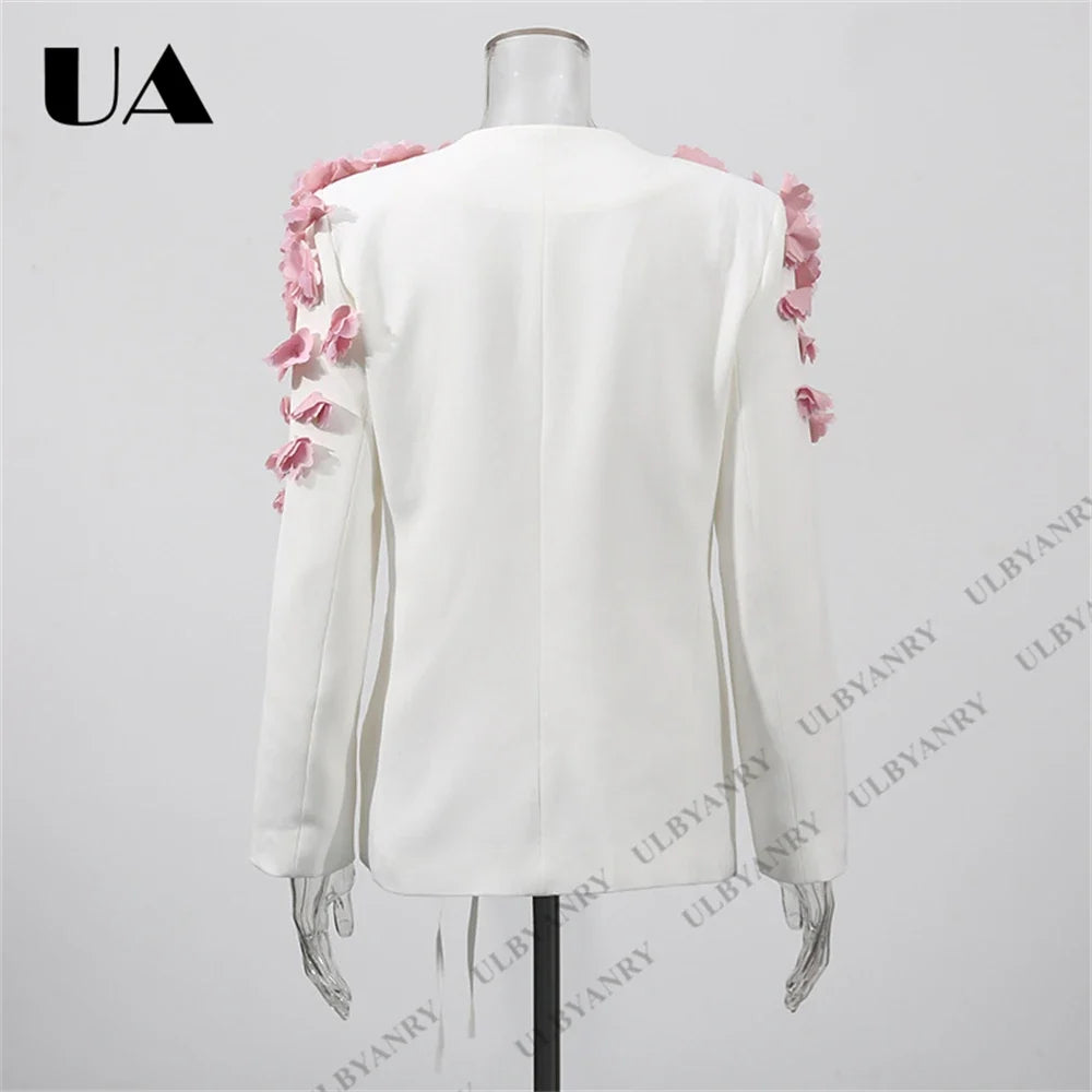 White Wrap Blazer with 3D Pink Floral Appliqué and Tie Waist for Wedding Garden Party Ethereal Romantic Outfit