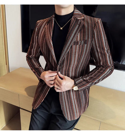 High Quality Plush Striped Fashion casual Suit Jacket Autumn Winter New Men Slim Fit Business Formal Social Prom Party Tuxedos