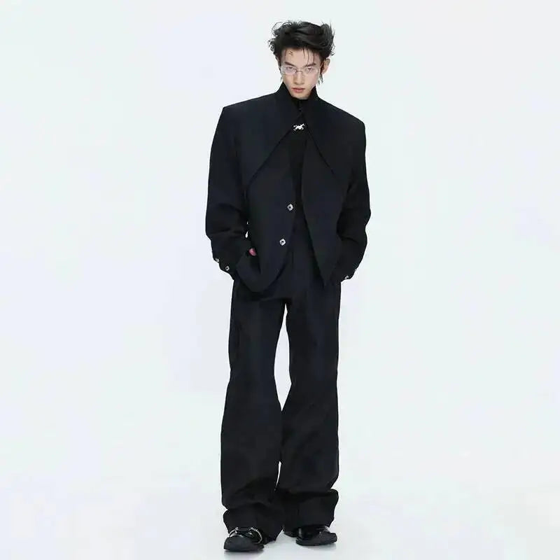 2026 Spring Patchwork Design Cross Collar Solid Color Casual Jacket Men Fashion Elegant Temperament Straight Pants JY6553
