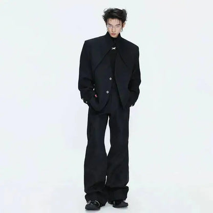 2026 Spring Patchwork Design Cross Collar Solid Color Casual Jacket Men Fashion Elegant Temperament Straight Pants JY6553