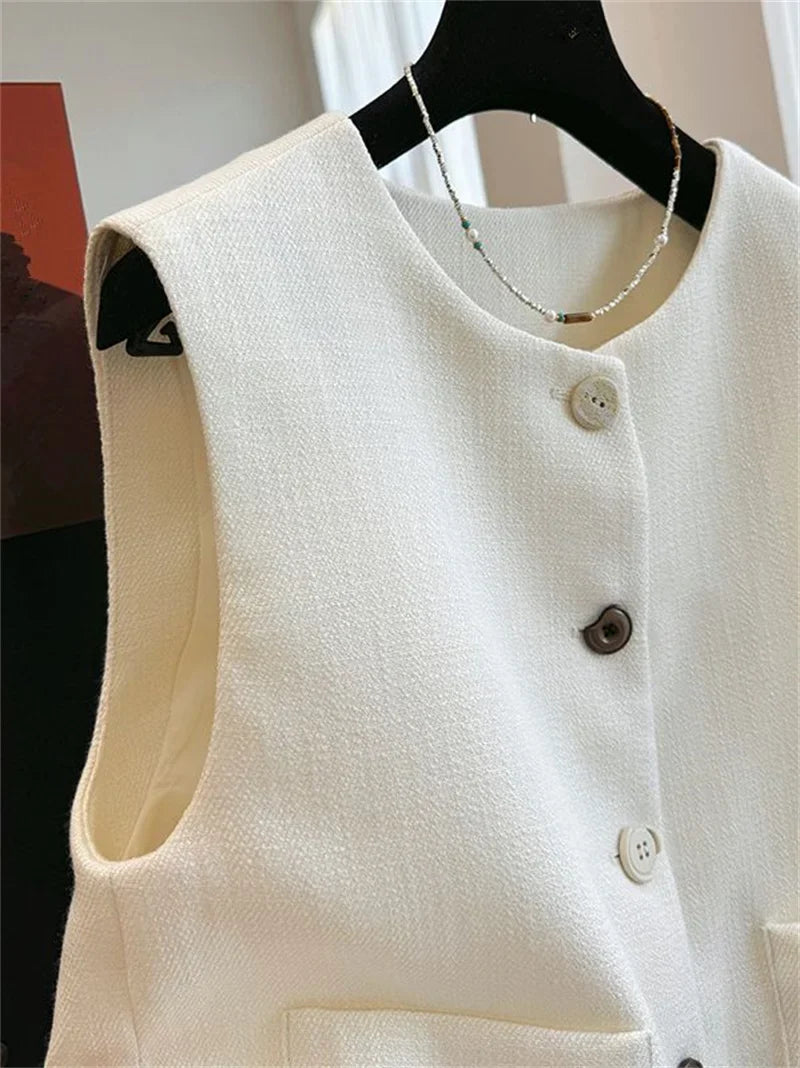 French Femme High End Waistcoat Tops Outwear Women Fashion Round Neck Sleeveless Jacket Spring Autumn Lady Solid Color Vest Coat
