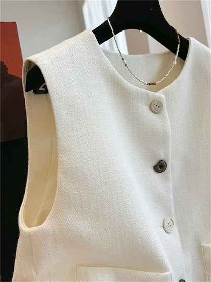 French Femme High End Waistcoat Tops Outwear Women Fashion Round Neck Sleeveless Jacket Spring Autumn Lady Solid Color Vest Coat
