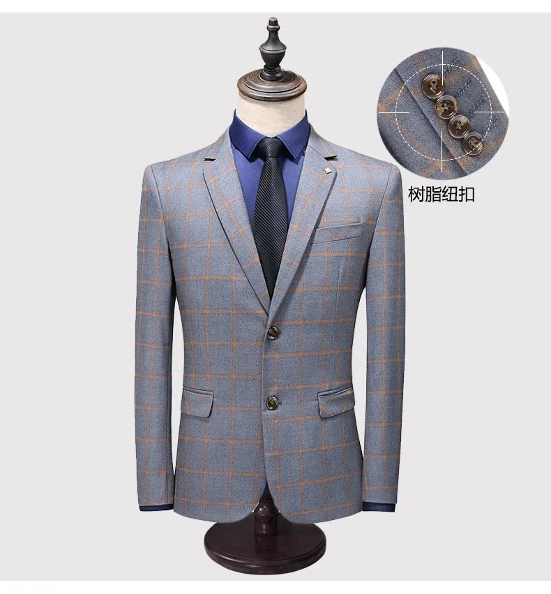 Men's Suit Set – Blazer, Vest & Trousers – British Grid Smart Casual for Business & Weddings