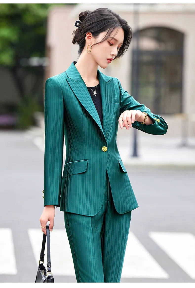 Professional Women's Suit2024New Autumn Green Striped Acetate Suit Workwear Elegant High-end Workplace Formal Wear