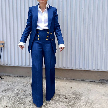 Navy Blue Women Suit Customized Single-breasted Peaked Lapel Denim Two Pieces(Blazer+Pants) Casual Daily Set for Shopping&Office