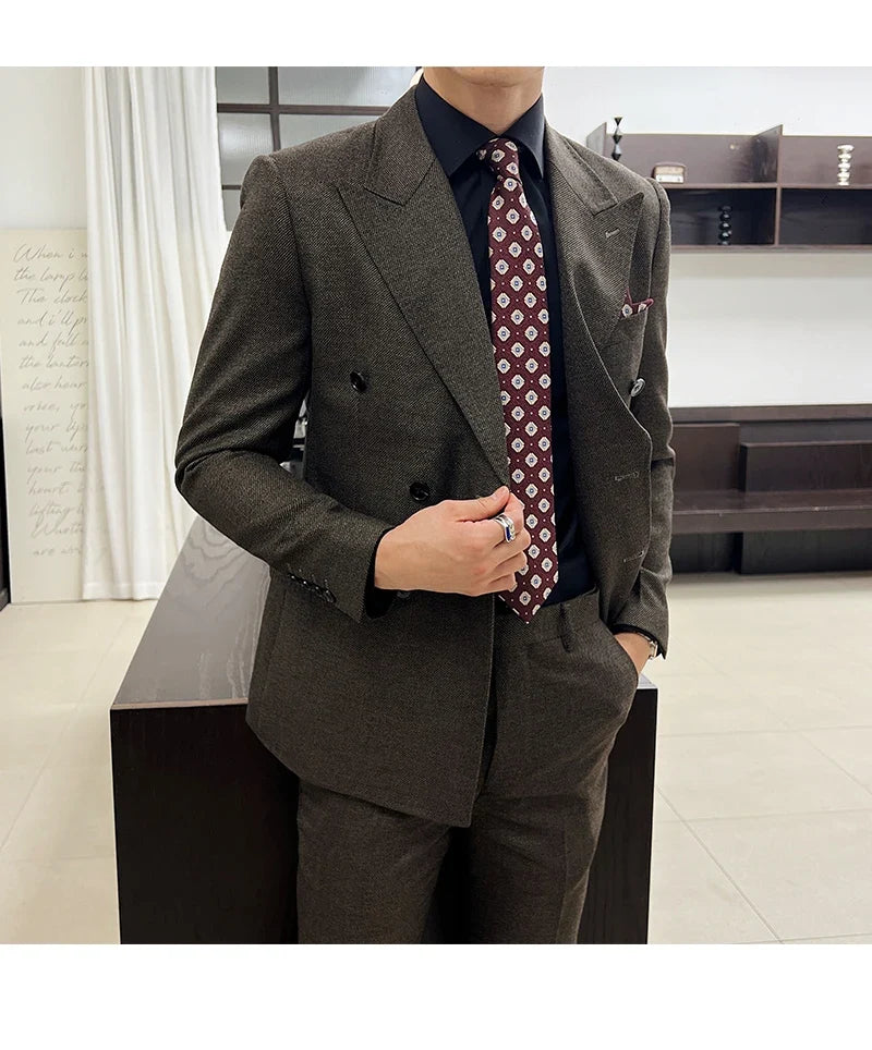 Men Vintage Luxury Double Breasted Slim Fit Lapel Evening Gown ltalian Style Fashion High-end Groom Wedding Party Tuxedo 2 Piece