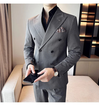 (Blazer + Trousers) Fashion Double Breasted Design Slim Men's Suit Italian Style Luxury Wedding Social Party Tuxedo 2 Piece Set