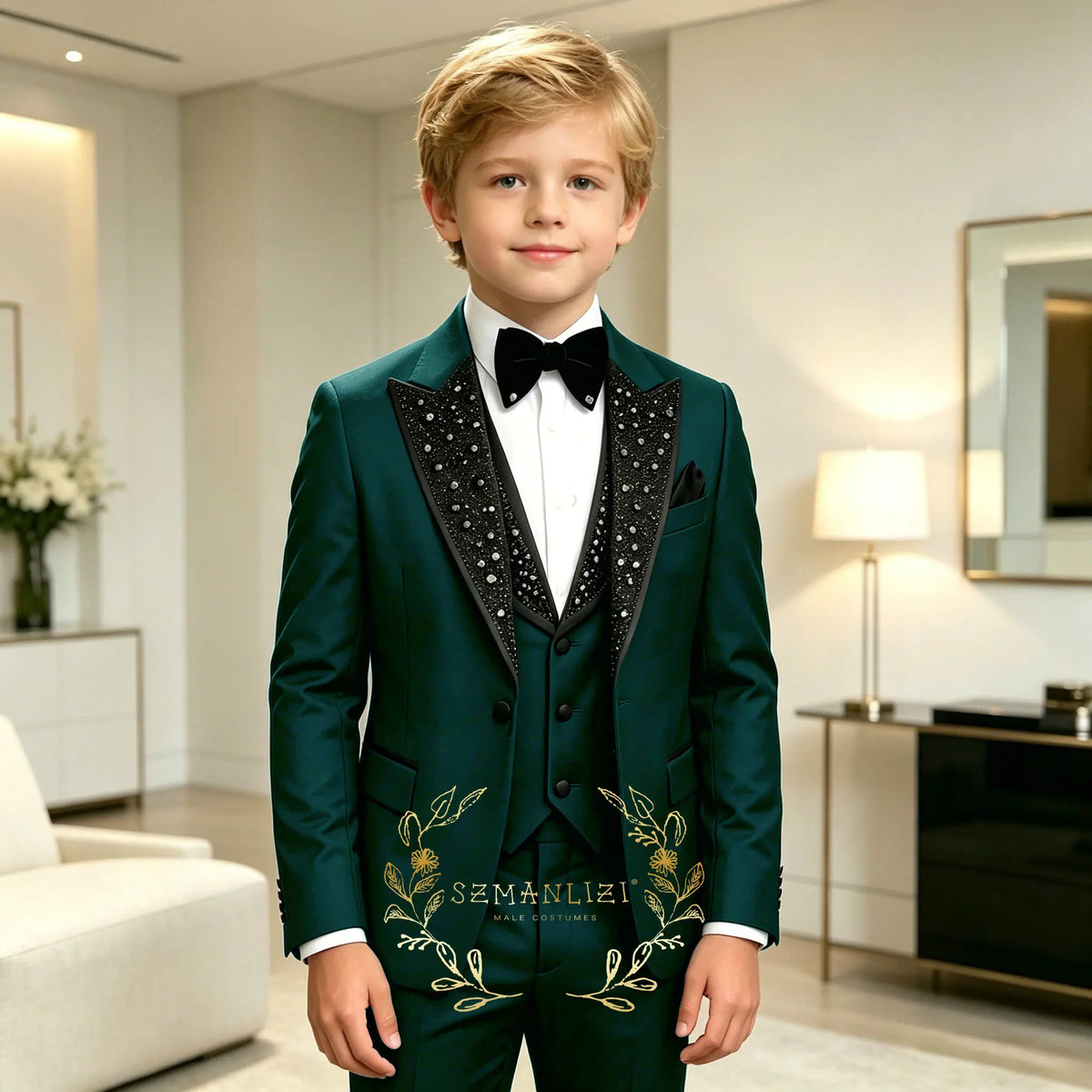 Classic Suits for Boys Black Crystals 3-Piece Fashion Stylish Boy's Tuxedo Formal For Party Outfit For Kids Blazer Vest Pant