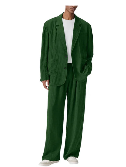 Men's Linen Blend Wrinkled Two Piece Suit Loose Two Button Blazer Wide Leg Trousers Casual Vacation Daily Soft Breathable Outfit