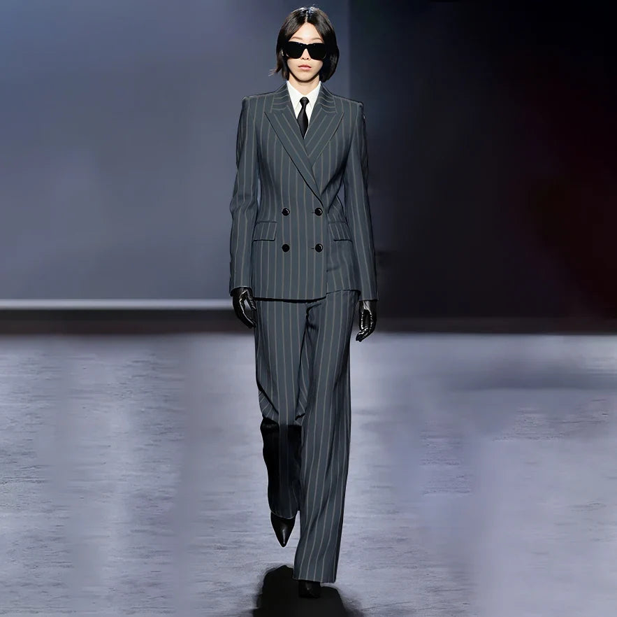 Dark Blue Stripes Women Suit Customized Double-breasted Peak Lapel Two Pieces(Jacket+Pants) Business Office Lady Competent Set