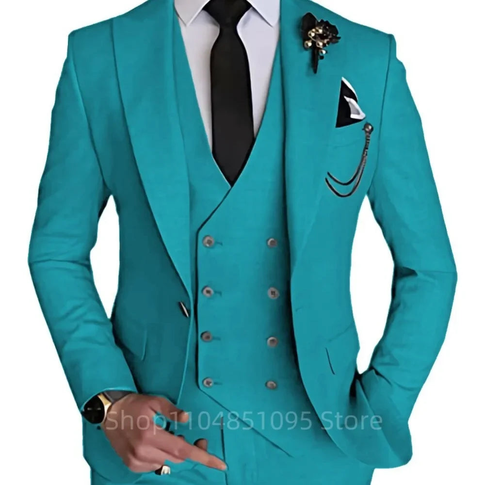 3 Piece Men's Wedding Dress Suits Slim Fit Peak Lapel Blazer+Vest+Pants Groom Tuxedos for Party Formal Suit Elegant Men Clothes