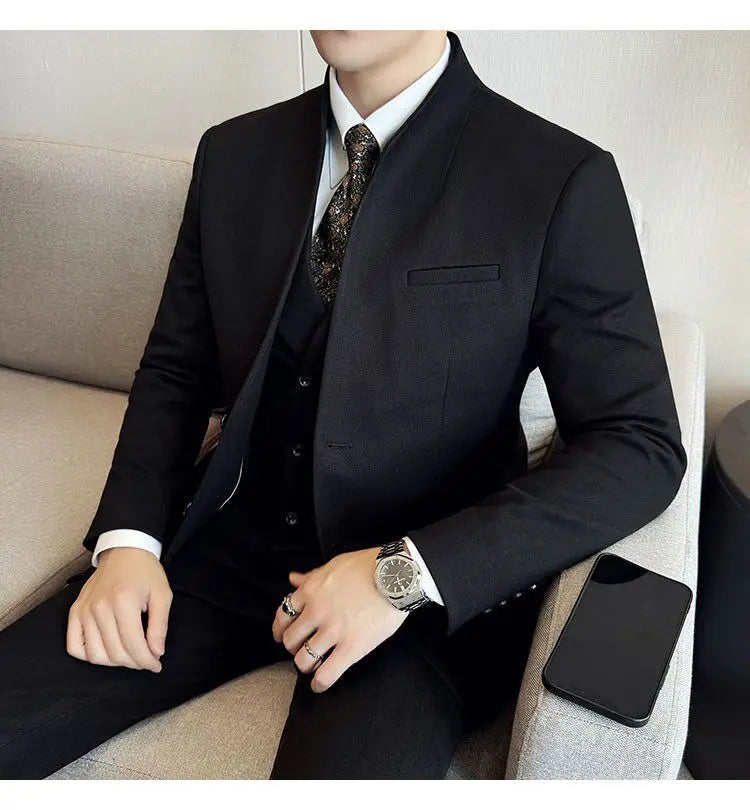 Men's 3-Piece Slim Fit Stand Collar Suit – Wedding, Prom & Office Formal Set