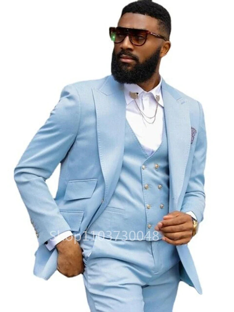 Formal Solid Men 3 Piece Wedding Suit Groom Tuxedo Slim Fit Peak Lapel Jacket Business/Wedding Suit Sets(Blazer+Pants+Vest)