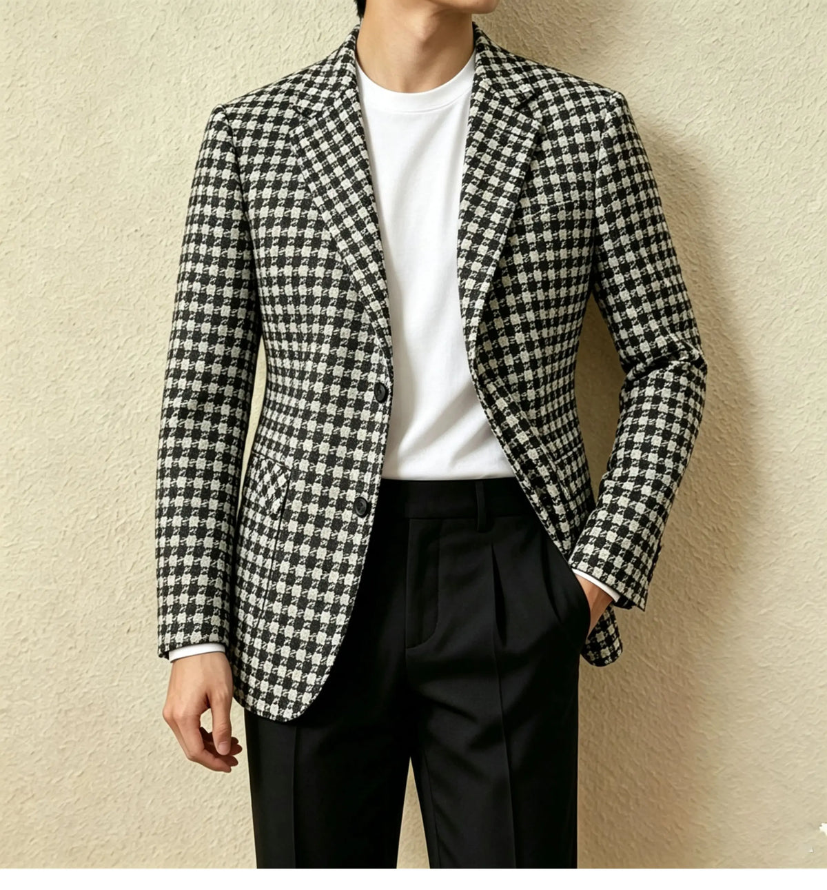 Vintage Black White Checkered Tweed Fabric Men Suit Jacket Luxury Slim Fit Business Men‘s Wedding Formal Tuxedos Suit Blazer