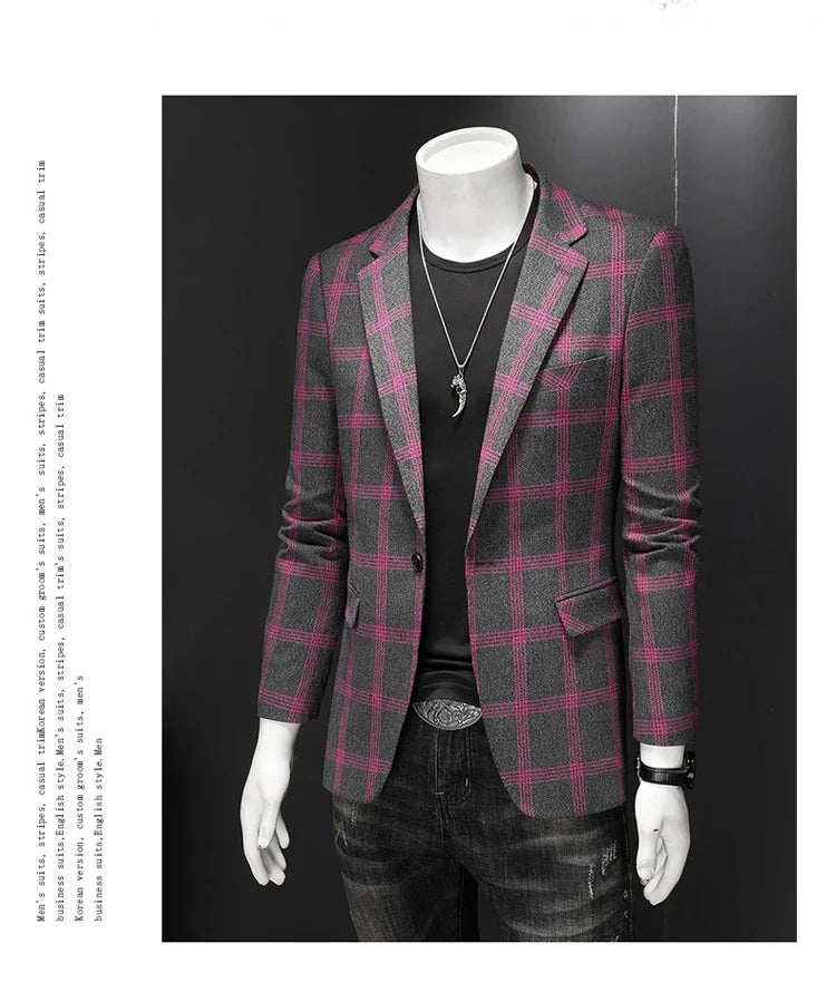 2025 Slim Fit Men's Casual Suit Handsome Fashion Plaid Blazer Polyester Business Wedding High-Quality Male Attire