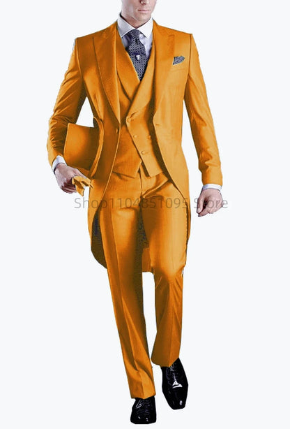 Men's 3-Piece Solid Long Tailcoat Tuxedo Set Formal Wedding Groom Clothing Jacket Pants Vest for Prom Party Fashion Male Suits
